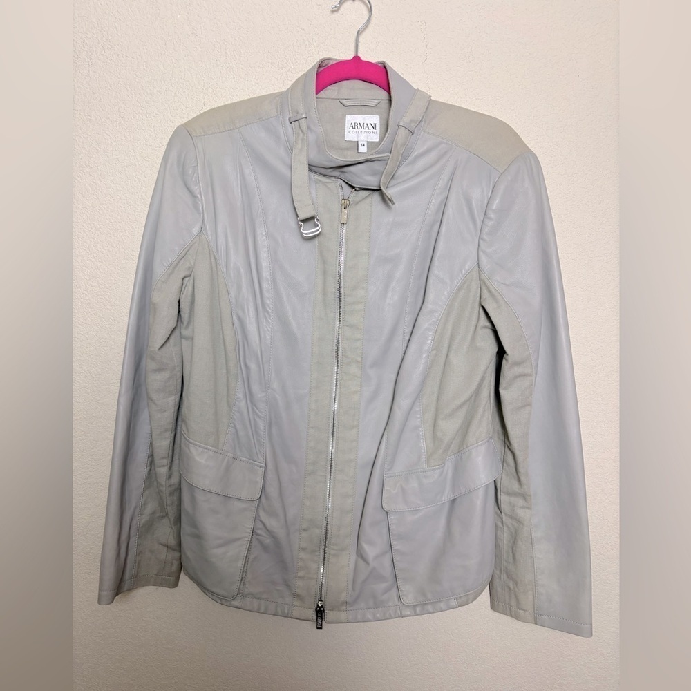 Vintage Armani Collezioni Gray Lambskin Leather and Flax Cropped Moto Jacket 14